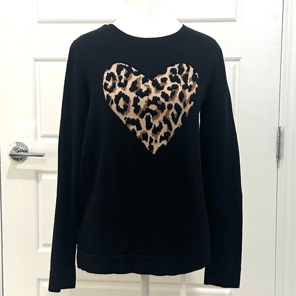 J.CREW BLACK LEOPARD HEART SWEATER MEDIUM - Picture 1 of 5